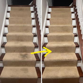 reviewer's Before and after of a carpeted staircase with a stain removal on one step
