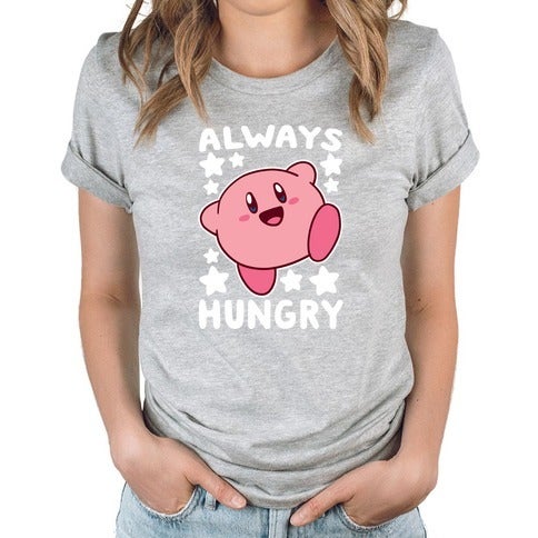 a grey shirt with kirby that says 