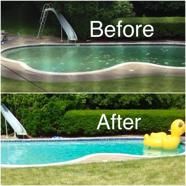 before photo of a reviewer's pool looking green and cloudy next to an after photo of the same pool, which now looks bright blue and clean