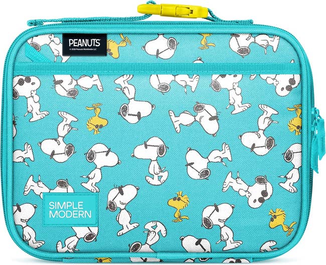 Turquoise lunchbox with Peanuts characters, Snoopy and Woodstock, printed each over. Features a zippered pouch and handle