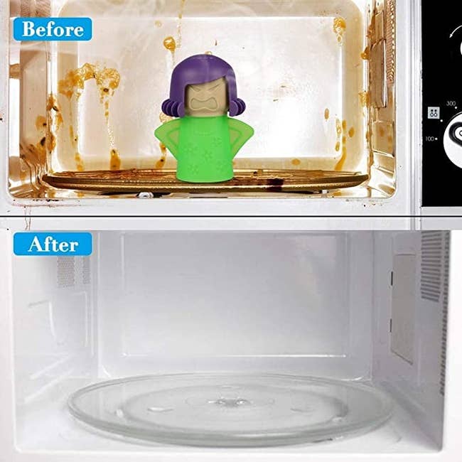 before photo inside the microwave looking stained and filthy / after photo showing it clean and looking brand new