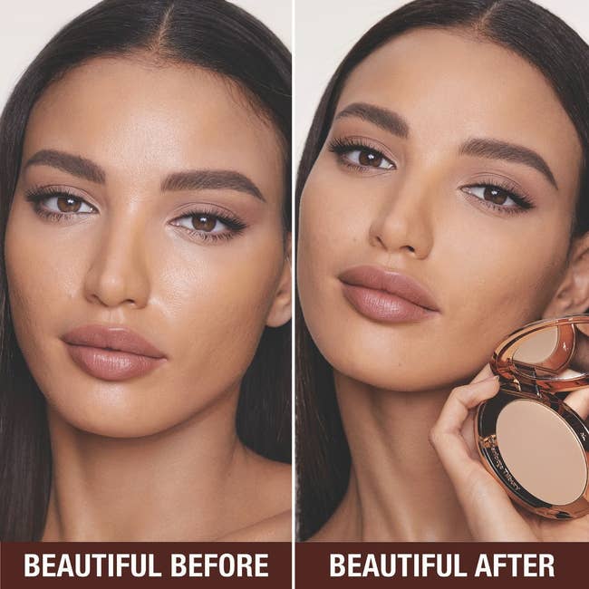 model before and after using finishing powder, oily before use and matte after use.