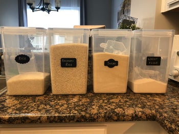 reviewer photo of four large airtight bins with labels