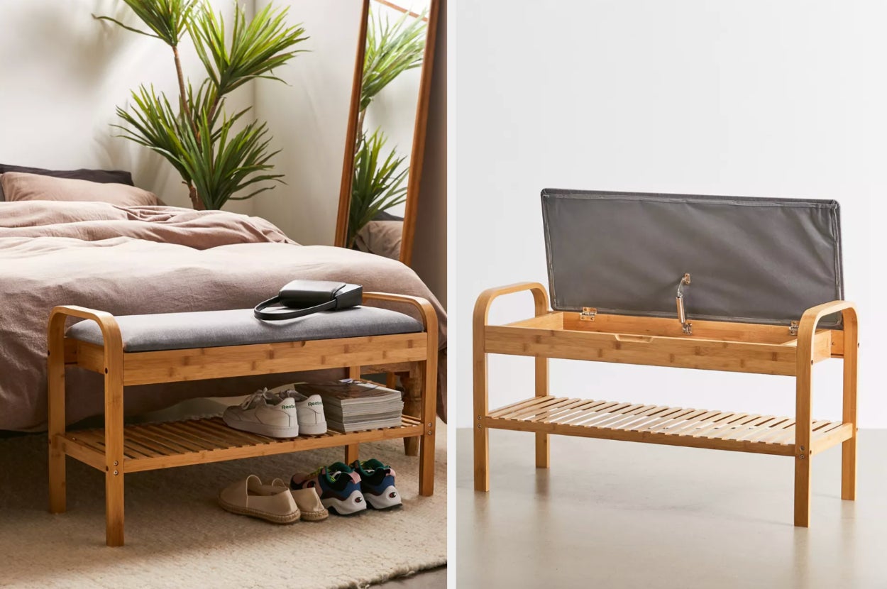 collage of storage bench, closed and open