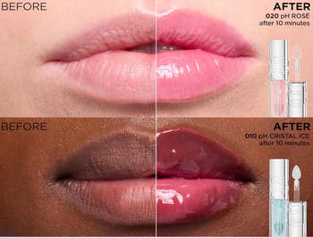 Close-up of lips using Dior lip gloss. Before and after images show glossy results on different skin tones with shades 020 Rosé and 010 Cristal Ice