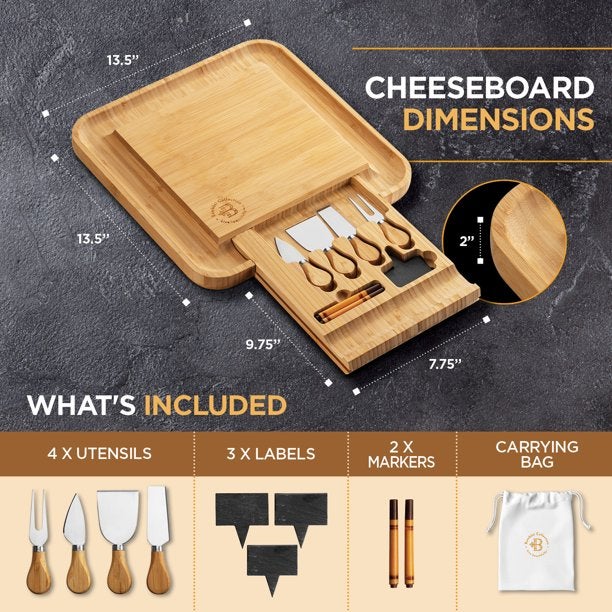 Bamboo cheese board with utensils, labels, and chalk pencils