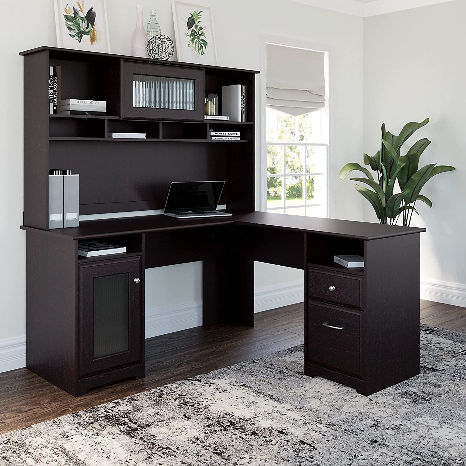 the l-shaped desk with a hutch in 
