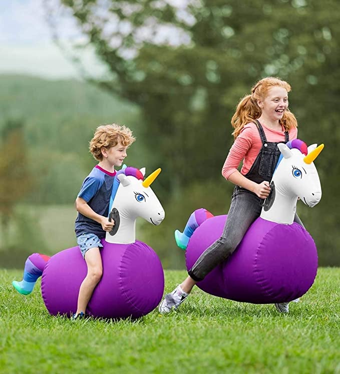 Two kids bouncing on the inflatable unicorns