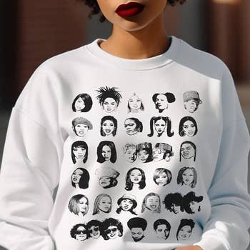 model wearing a sweatshirt with various female rappers on it