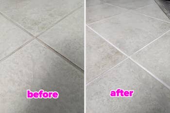 A comparison of a tiled floor before and after cleaning, showing improved cleanliness