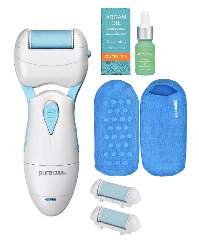 Electric ft record acceptable with interchangeable rollers, argan lipid serum, and gel bottommost socks, suitable for ft attraction and callus removal
