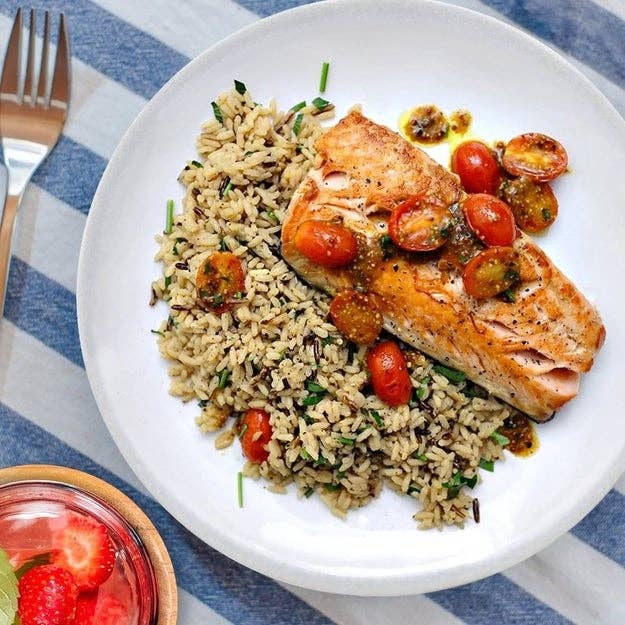 Salmon and rice on a plate