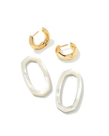 Two pairs of earrings; one pair of gold hoops and one pair of irregular-shaped pearly white hoops