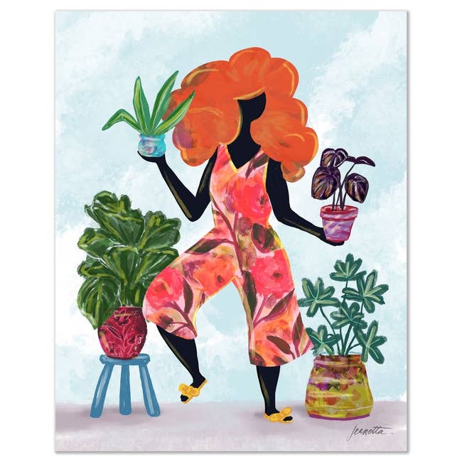 Illustration of a stylish silhouette holding plants, surrounded by potted greenery