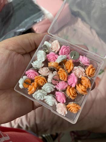 Hand holding a box of flower-shaped pushpins in white, peach, and orange