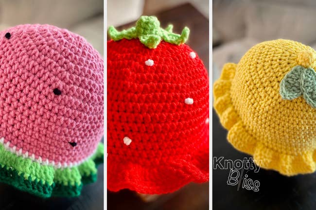 Watermelon-inspired bucket hat, strawberry designed crochet bucket hat, lemon-inspired crochet bucket hat