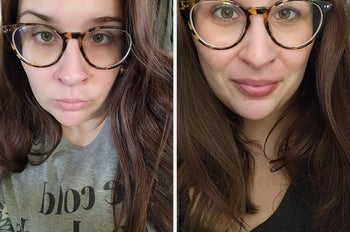 Reviewer before and after pic with lips looking fuller and more colorful 