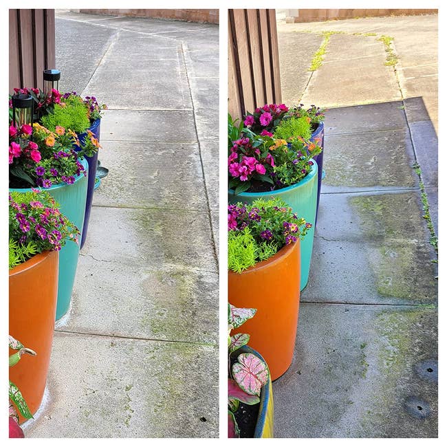 Before and after view of a sidewalk, one side dirty and the other cleaned, with flower pots on the sides
