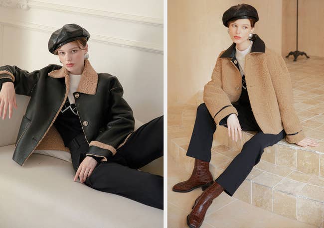 Two images of a model wearing the black/mocha jacket
