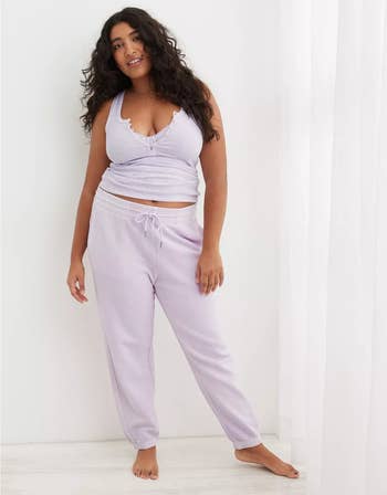 model wearing the lavender joggers