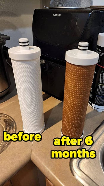 A reviewer's two filters to show the difference after six months of use — lots of brown grime and sediment captured by the filter