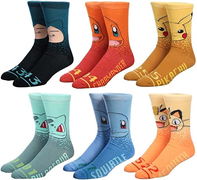 a set of six crew socks with different pokemon on each one