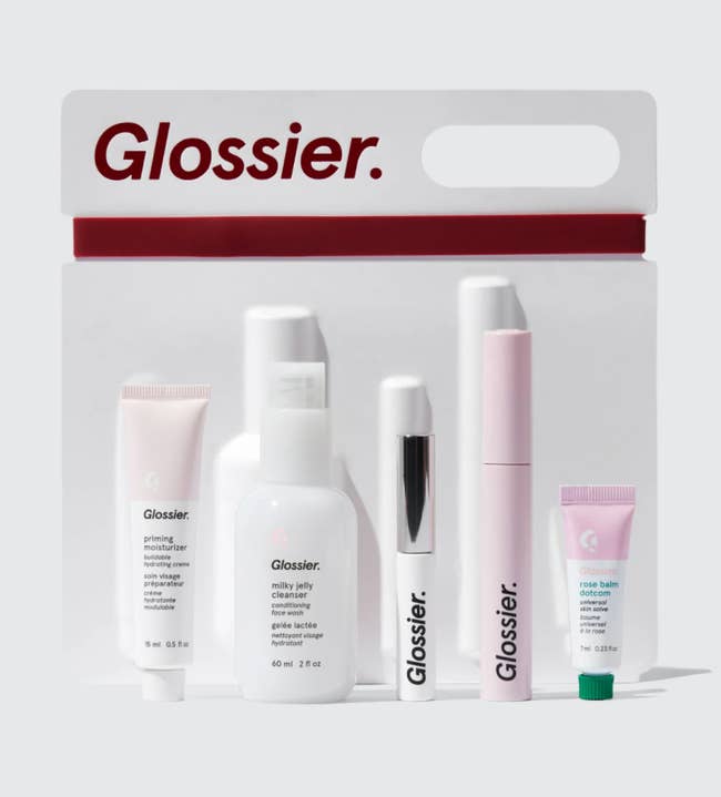 The contents of the Glossier set laid out 