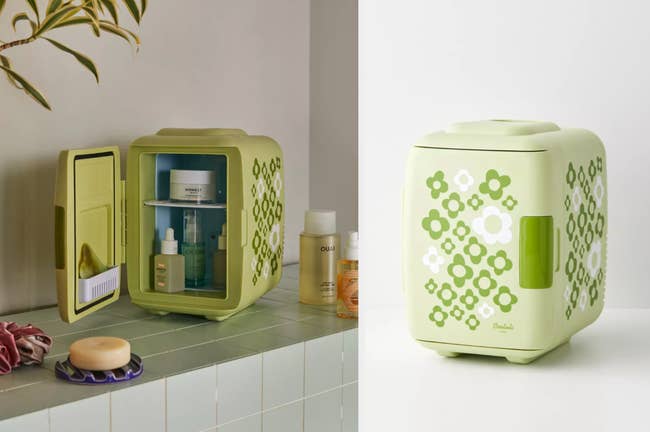 split image of the interior of a green floral mini fridge on counter with beauty products on its shelves then the product with its door closed 