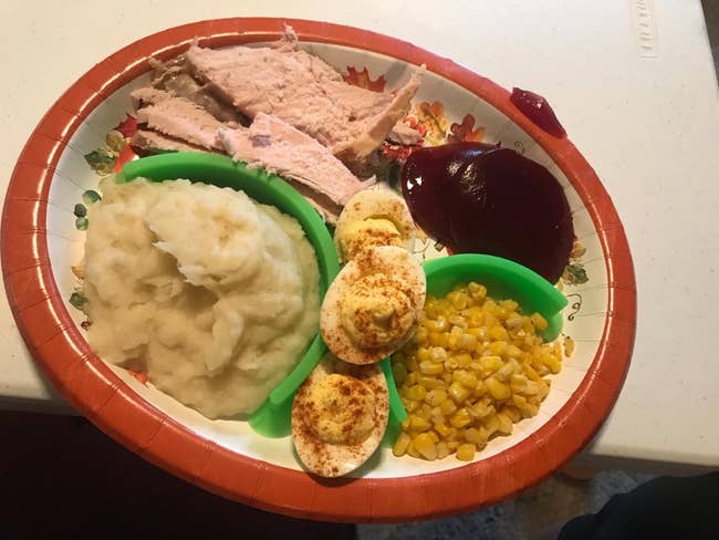 Reviewer's plate of food with two green plate dividers separating different parts of their meal