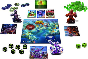 the board game, included figurines, game cards and different colored dice and tokens