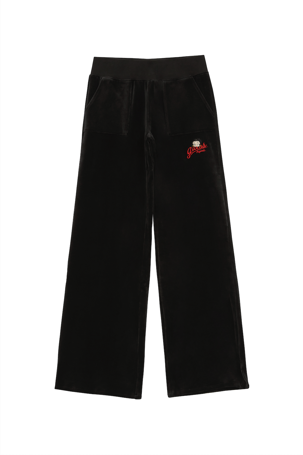 Velour pants with a logo patch on one leg