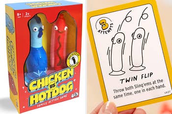 Split image of Chicken vs. Hot Dog packaging and a game card 