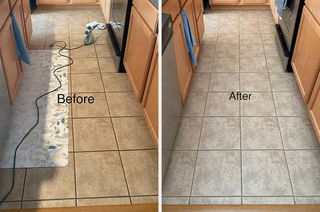 before/after of the steamshot deluxe used to clean a tile floor and grout