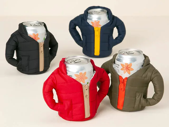 four cans wearing coat coolers in red, black, navy, and olive
