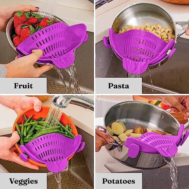 a diagram showing the strainer being used to release water from fruit, veggies, pasta, and potatoes