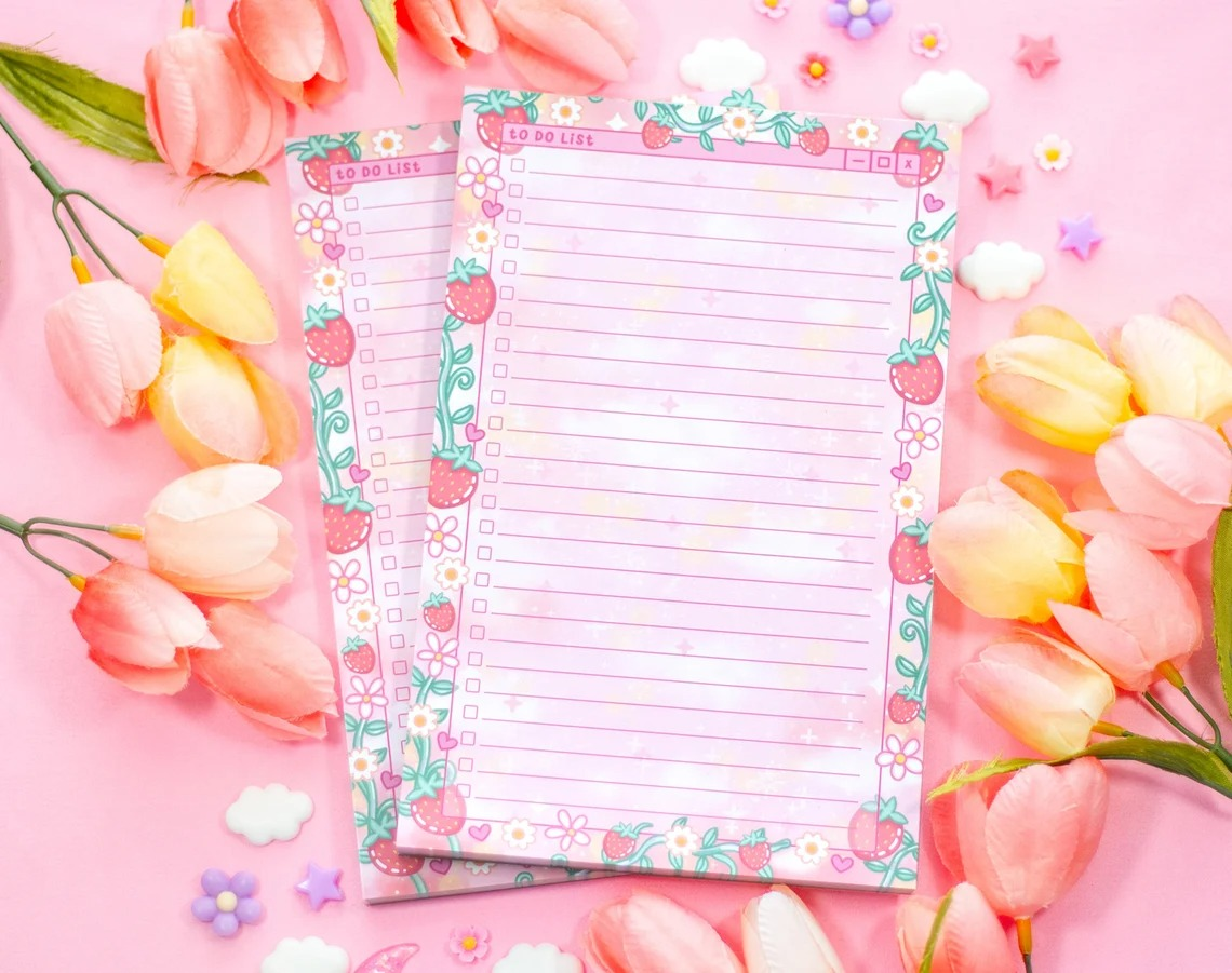 Two decorative floral-themed to-do lists surrounded by tulips and flower-shaped decorations connected  a pinkish  background