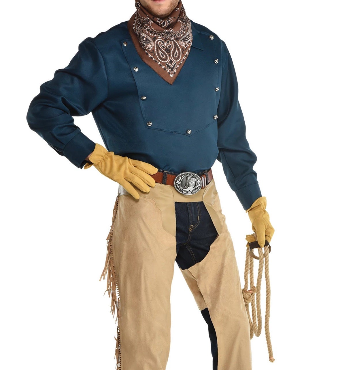A brown bandana, yellow faux leather gloves, and a lasso