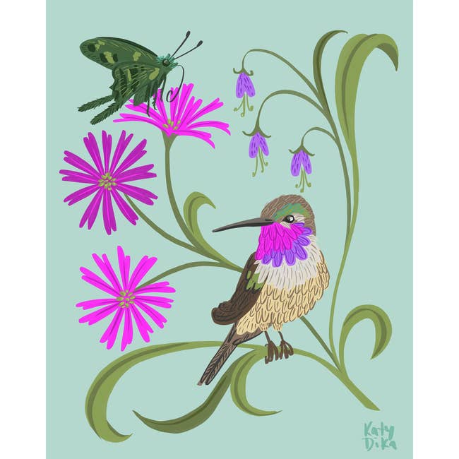A print of artwork featuring a bird, butterfly, and flowers