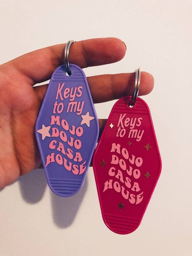 two keychains that say 