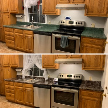 a before and after photo of a reviewer's kitchen after applying the dark marble surface cover