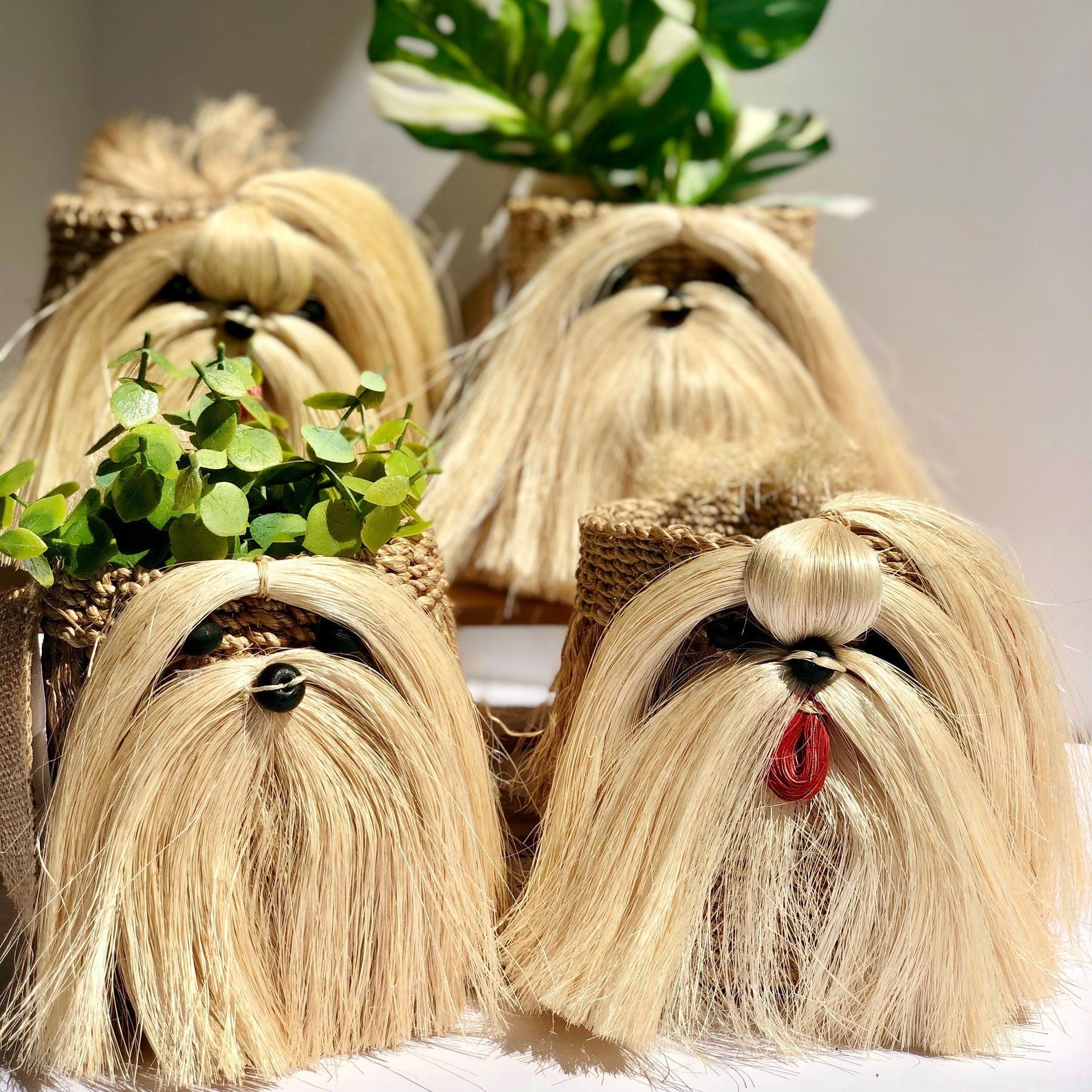 Four Shih Tzu-shaped planters with plants inside