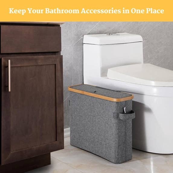 Basket for organizing bath  items placed beside a toilet and cabinet