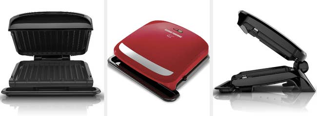 Three images of the panini press in black and red