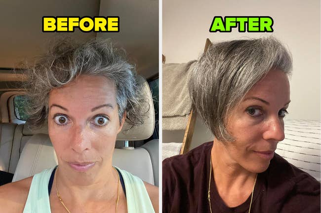 Before and after photos of a woman's hairstyle transformation from frizzy to sleek