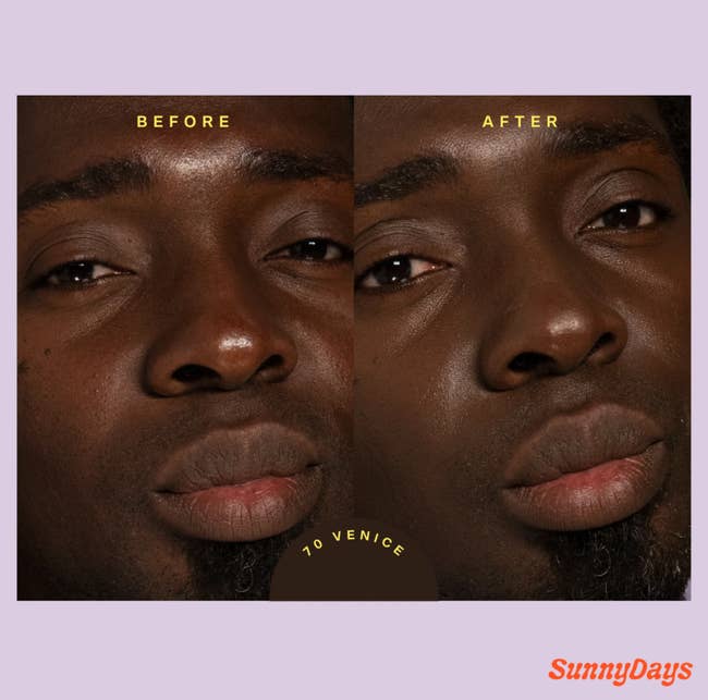 on left: model with some dark spots on cheeks. on right, same model with less visible dark spots and glowy skin after using the tinted sunscreen above