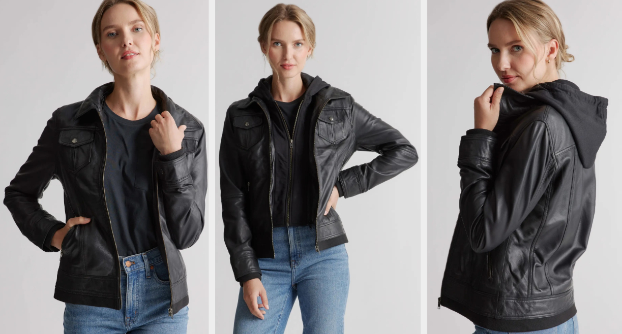 Three images of a model wearing the black jacket