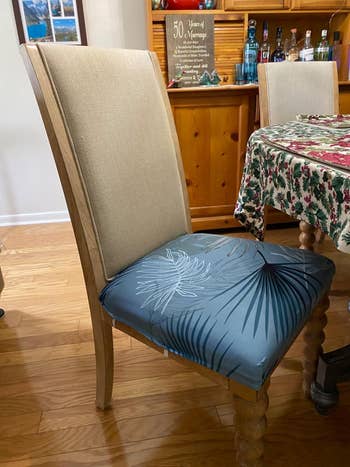 reviewer's chair with blue patterned seat cover