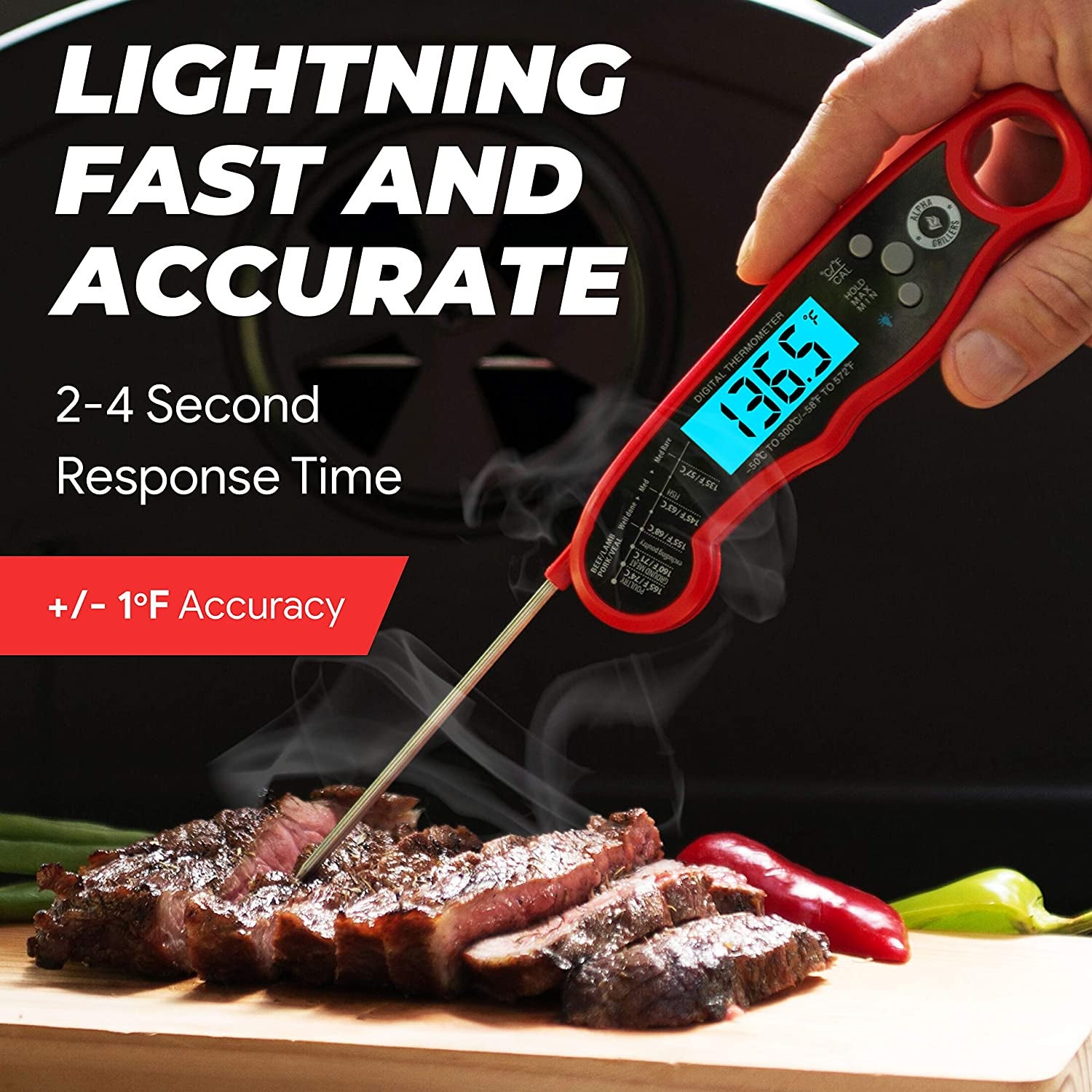 The red thermometer with a digital screen and text on the image that says it has a 2-4 second response time