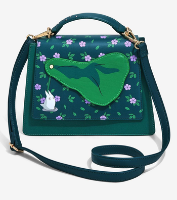 green top handle crossbody bag with purple flower and totoro print