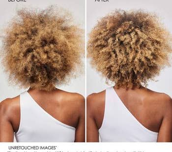 Comparison of hair before and after product use, with a person's back facing the camera, showcasing the results